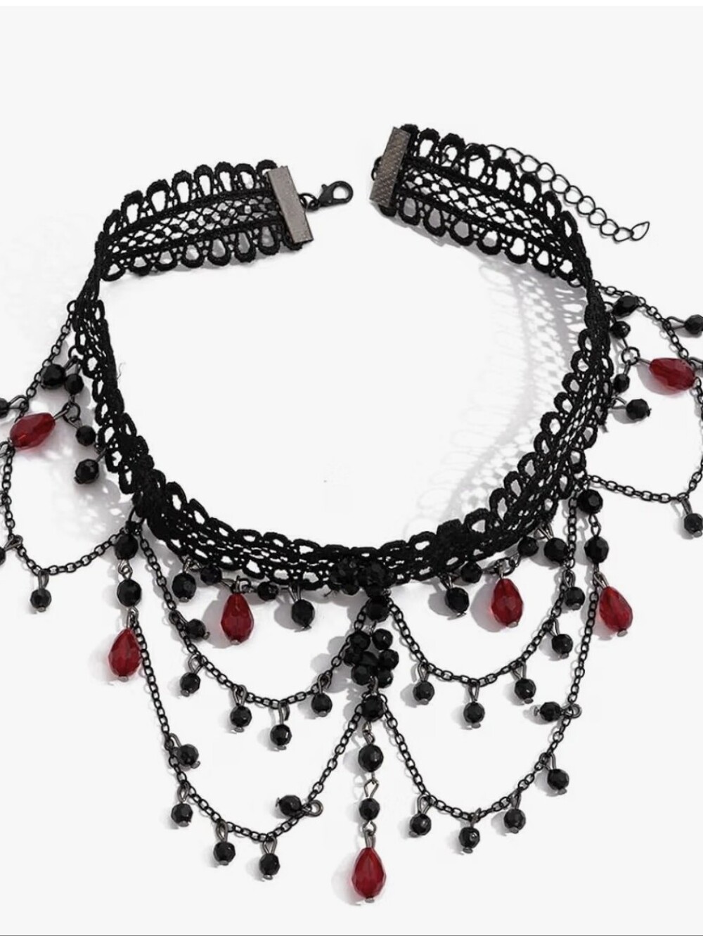 Black Lace Gothic Choker Necklace with Red Gem Accents - Picture 2 of 6